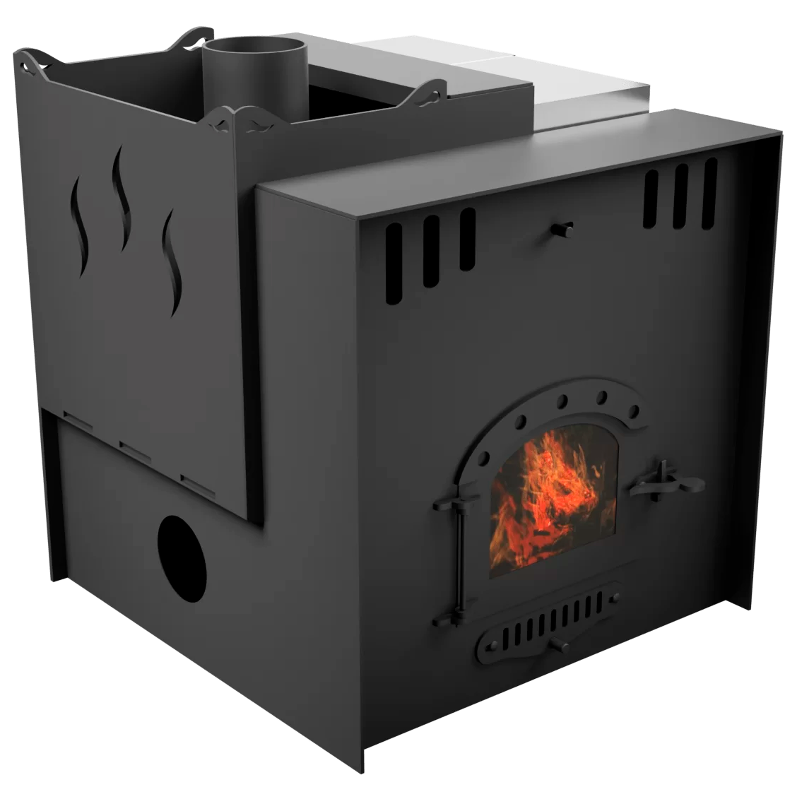 Печь Горыныч Мини, каменка с левой стороны, малое стекло, система воздушного отопления с порталом фото в Уфе