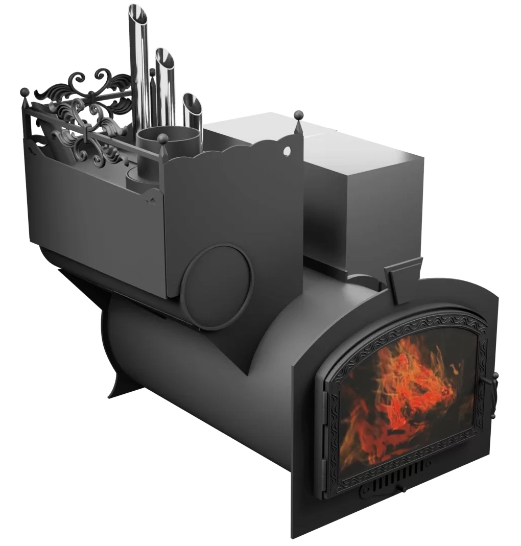 Печь Горыныч 3, каменка закрытая с парогенератором с левой стороны, большая дверь со стеклом фото в Уфе