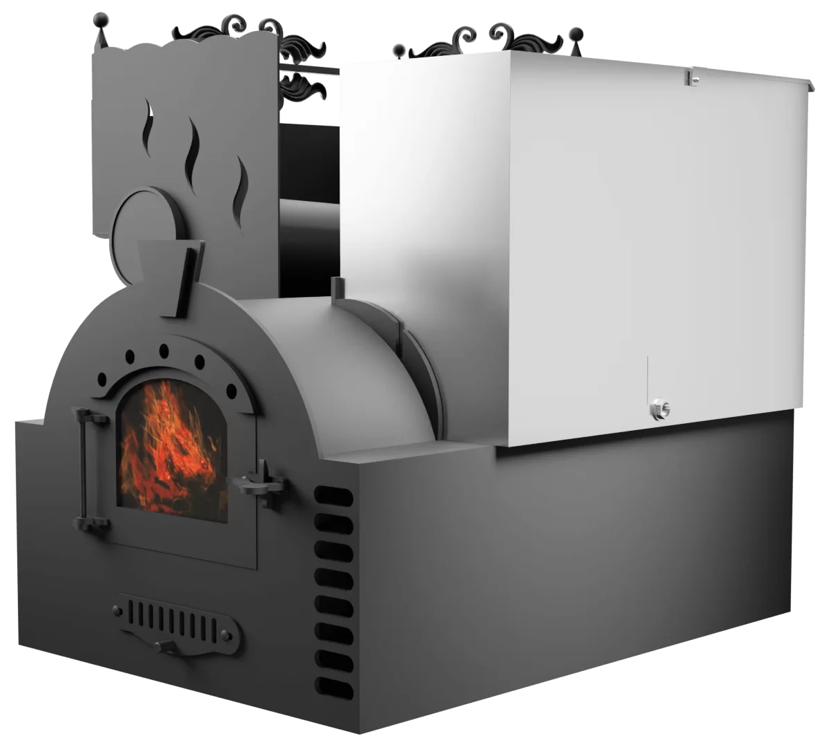 Печь Горыныч 3, каменка с левой стороны, малая дверь со стеклом, система воздушного отопления фото в Уфе