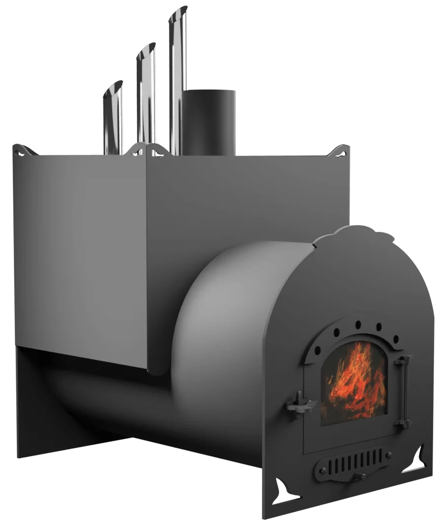 Печь Горыныч Мини, двойная каменка закрытая с парогенератором, малая дверь со стеклом фото в Уфе